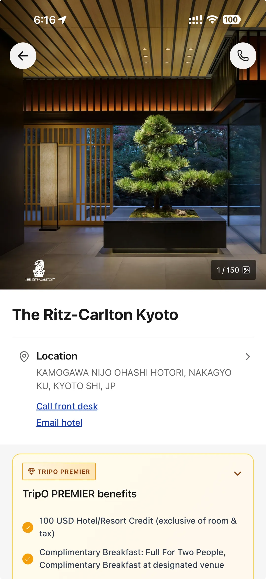 TripO app — The Ritz-Carlton Kyoto with TripO PREMIER benefits